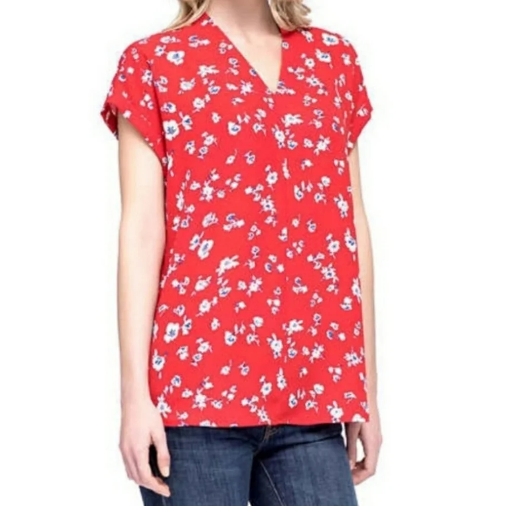 Pleione Anthropologie Floral V-Neck Blouse M Red Short Sleeve Cuffed Dolman Top - Picture 9 of 10